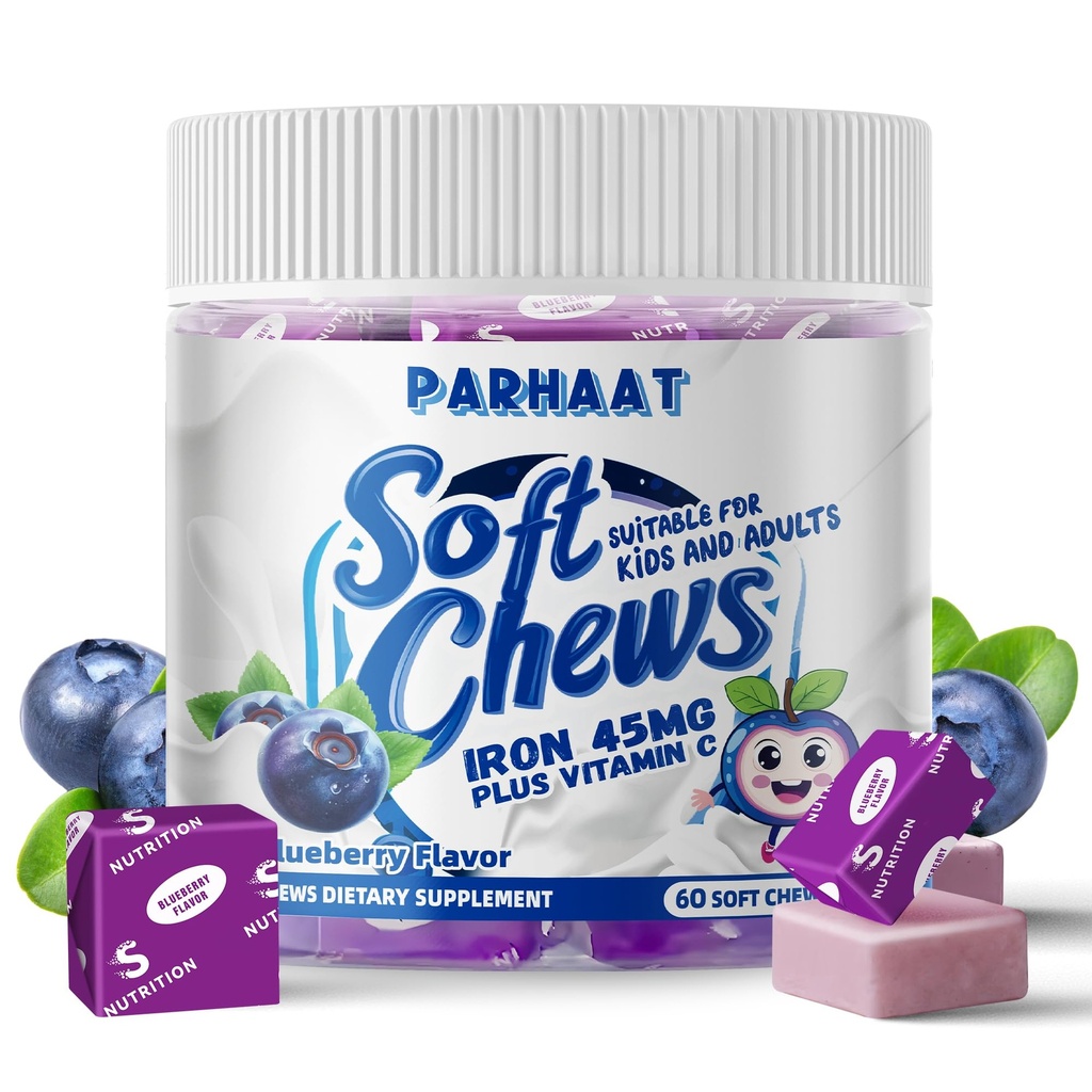 Iron Soft Chew Supplement with Vitamin C | Blueberry Flavored | Gluten Free | Iron Supplement for Women Men and Kids | 60 Count | 2 Month Supply