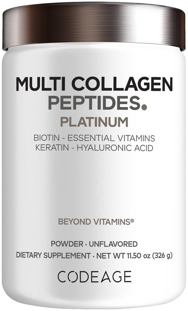 Codeage Multi Collageen voor vrouwen & Mannen Biotine 10000mcg Keratine, Proteine Poeder Vitamine C B6 D3, Hyaluronzuur, Niacin - Gehydrolyseerde Collageen Koffie Creamer 5 Types - Unflavored - Non-GMO - 11.5oz