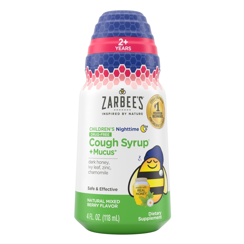 Zarbee's Children's Nighttime Honey Cough Syrup + Mucus for Kids 2+ + Dark Honey, Ivy Leaf, & Calming kamille, #1 Kinderarts Aanbevolen, Drug & Alcoholvrij, Gemengde Berry, 4 fl. oz