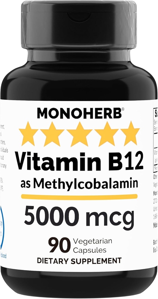 MONOHERB Vitamine B12 Methylcobalamine 5000 mcg - 90 Vegetarische Capsules - B12 Methyl