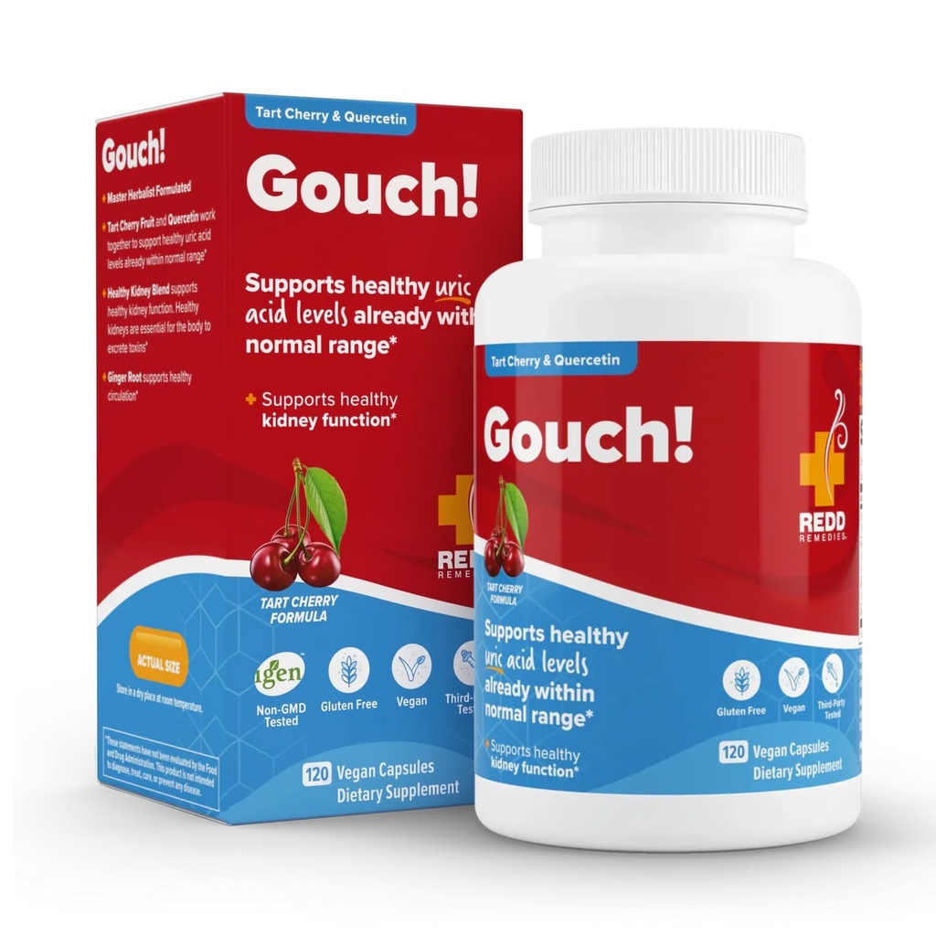 Redd Remedies, Gouch!, Aanvullende Ondersteuning voor gewrichten en Urinezuurniveaus, stimuleert een gezonde ontstekingsreactie, Tart Cherry & Quercetin, 120 Vegan Capsules
