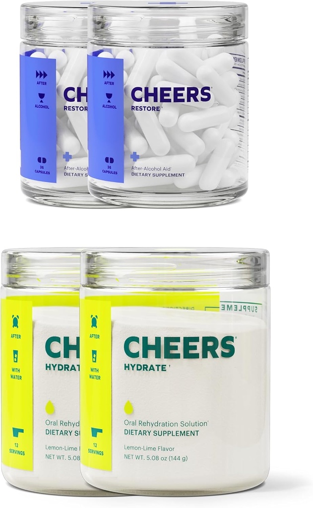 Cheers Classic Combo | Restore + Hydrate | Rehydrate & Feel Better After Drinking | DHM, L-Cysteine, B-Vitamins, Electrolytes | 12 Doses Each | Liver Support | Electrolyte Supplements