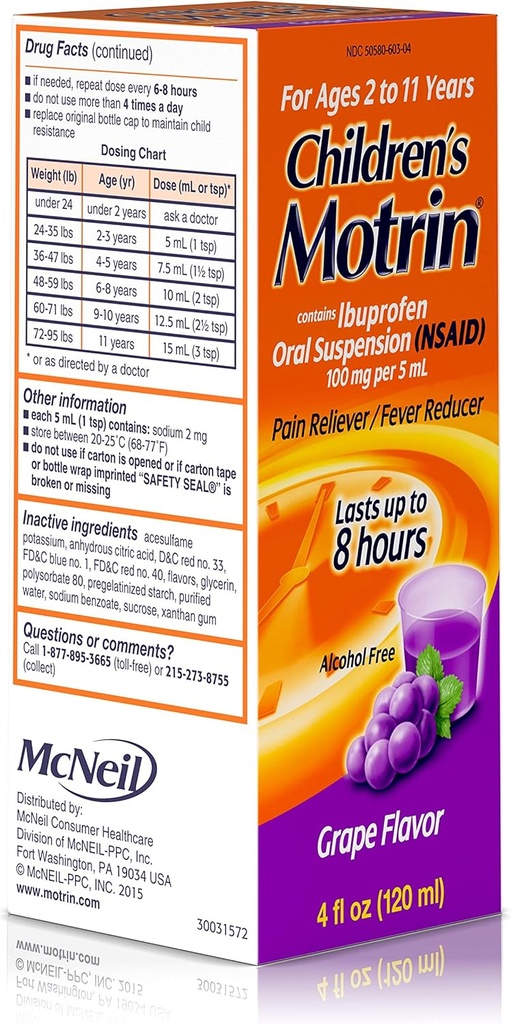 Motrin kinderen orale suspensie druivensmaak - 4 oz, verpakking van 4