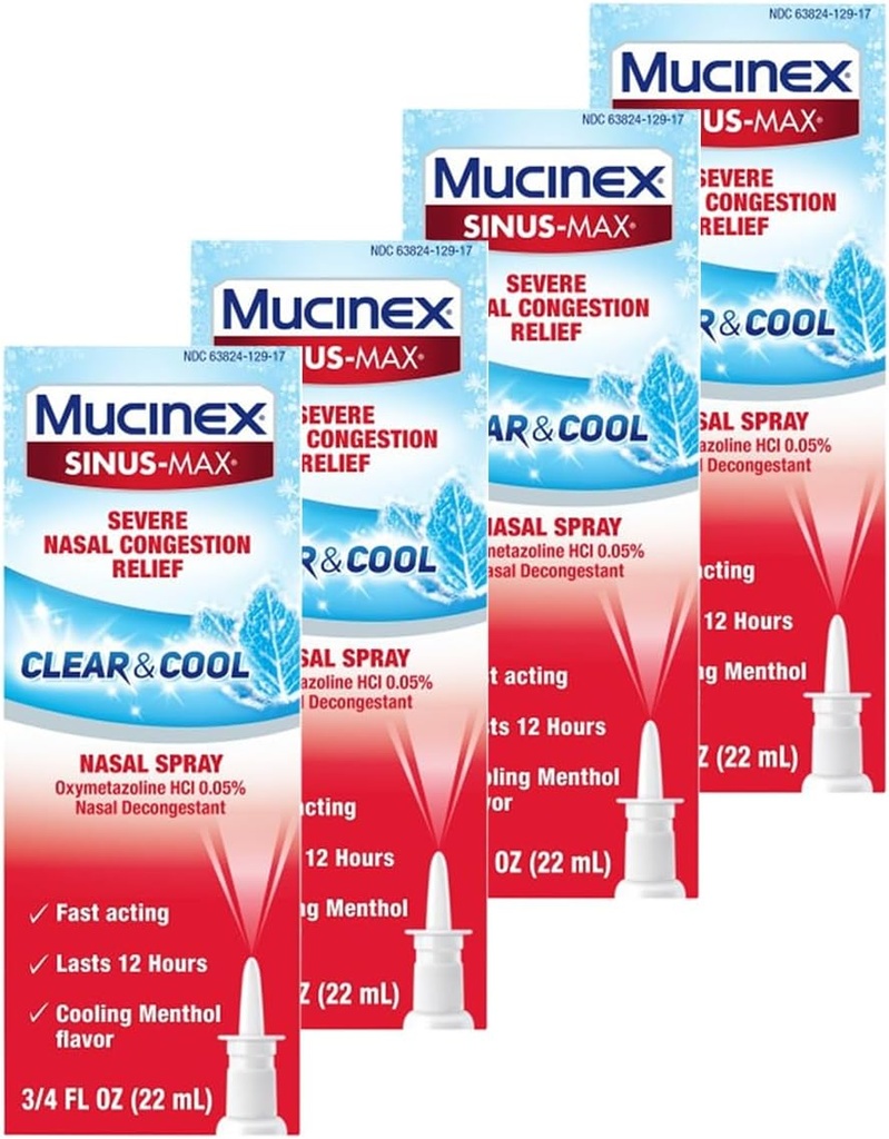 Vaporisateur Nasal de Mucinex, Sinus-Max Severed Nasal Congestion Relief Clear & Cool Nasal Spray, dure 12 heures, action rapide, refroidissement de l'arôme de menthol, emballage May Vary, 0.75 Fl Oz (paquet de 4)