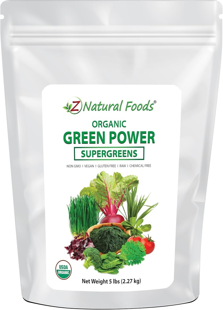 Z Aliments naturels Verts organiques Poudre de super-aliments - Herbe d'orge, Graine de blé, Spiruline, Épinards, Brocoli, Alfalfa Feuille, Racine de betterave, Tomate, Dulse et Moringa - cru végétalien sans gluten - 5lbs