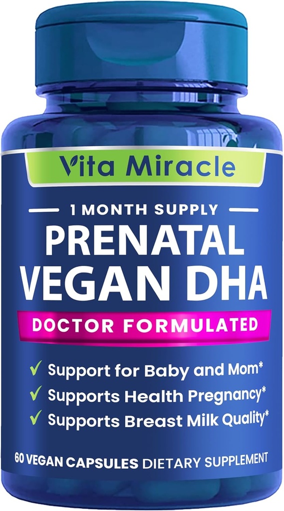Prenatale DHA Supplementen - Vegan 800mg DHA Plant Based Omega 3 - Beste voor optimale moeder en baby gezondheid - Ondersteunt Baby Hersenen en Oogontwikkeling Prenatale voor vrouwen Geen Visolie