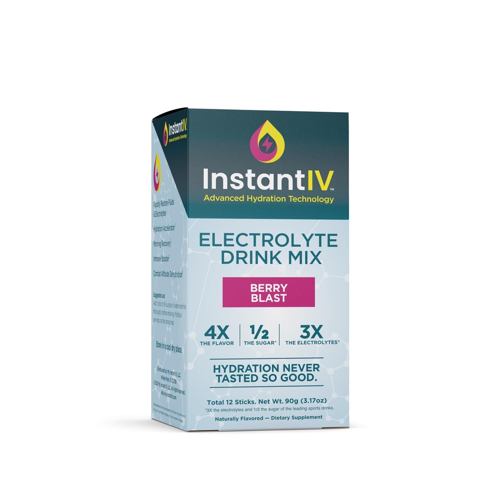 Elektrolytenpoeder - 3X-elektrolyten,1/2 Suiker met vitamine C, B3, B6, Electrolyten Poederverpakkingen voor Hydratatie, Herstel & Immuniteit, Veganistisch & Glutenvrij Berry Blast - 12 Pakketten