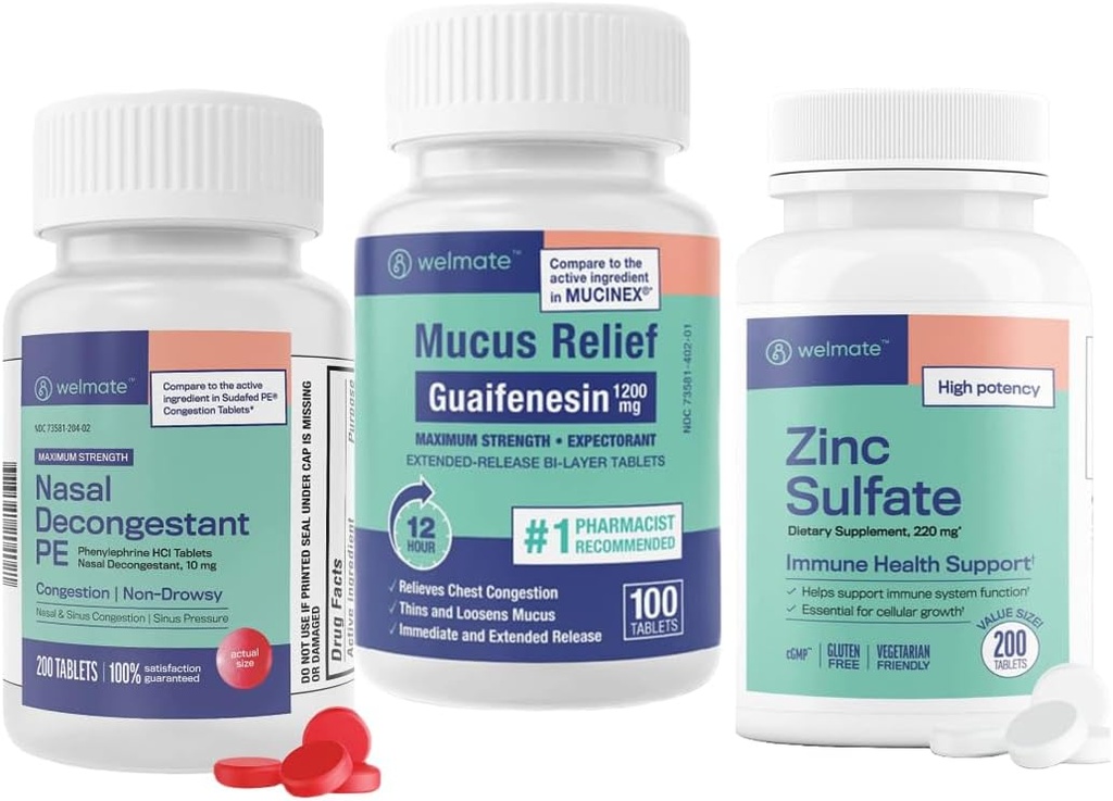 WELMATE Ultimate Cold & Allergy Relief Bundle: Maximale sterkte Guaifenesin 1200 Mg Slijm Relief (100 tabletten), Fenylefrine HCl 10 mg Nasal Decongestant (200 tabletten) & Zinksulfaat 220 mg