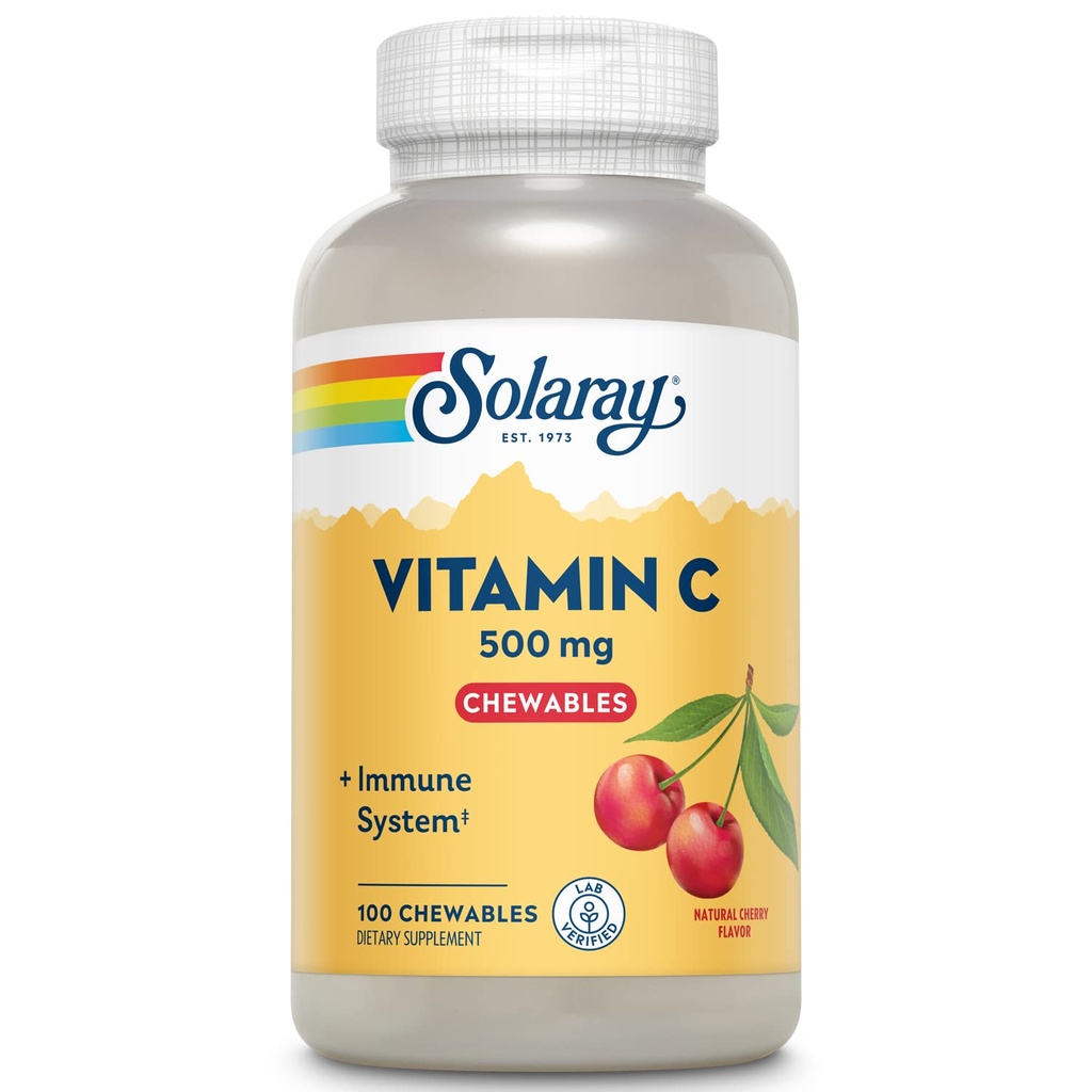 SOLARAY Kauwbare vitamine C 500 mg, Natuurlijke kersensmaak met natuurlijke zoetstoffen, Antioxidant en Immuun Ondersteuning Supplement met Whole Food Base, 60-dagen garantie, 100 porties, 100 kauwtabletten