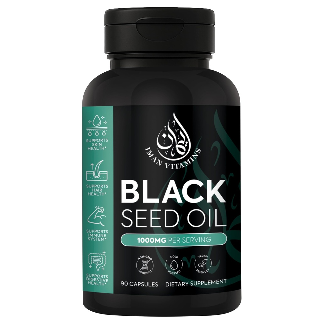 Halal Capsules naturelles d'huile de graines noires 1000mg pressées à froid, véganes, capsules de nigella sativa non-OGM, pilules sans gluten