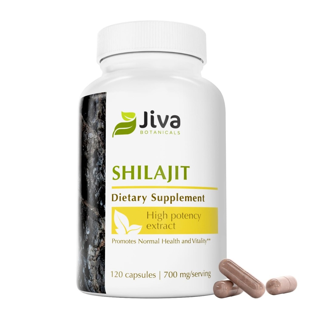 Jiva Botanicals Premium Shilajit Supplement 700 mg - Shilajit Capsules Extract met mineralen, Fulvic/Humic Acid for Immune Support & Nomal Digestive Health - 120 Vegan Capsule (pack van 1)