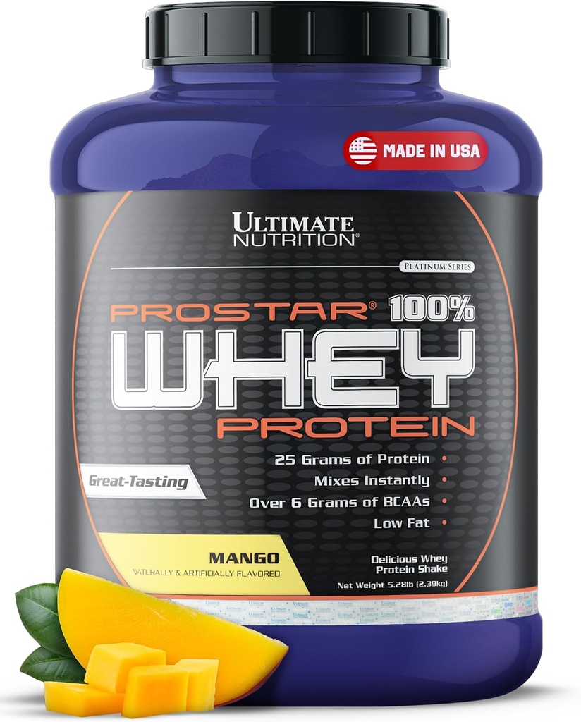 Ultimate Nutrition Prostar Whey Protein Powder Isolate, Mango - Low Carb, High Protein Powder Shake for Muscle Gain & Recovery - Low Sodium, Low-Fat & Keto Friendly - 5,28 lbs Tub