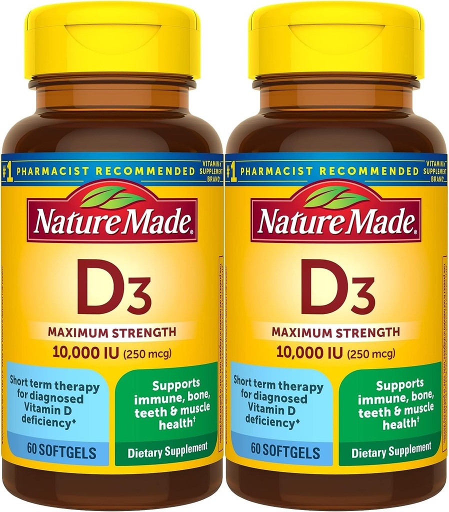 Nature Made Maximale sterkte Vitamine D3 10000 IE (250 mcg), Dieetsupplement voor bot, tanden, spier- en immuungezondheidsondersteuning, 60 Softgels, 60 dagen levering - Verpakking van 2