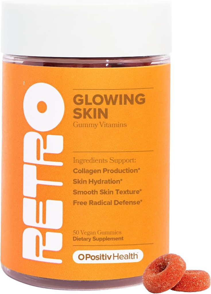 O Positiv RETRO Gummy Glowing Skin Vitamins for Collagen Production– Astaxanthin, Vitamin E, Bamboo Extract, Hibiscus & Vitamin C – Vegan Skin Gummies for Smooth Skin & Hydration, 50 Count (Pack of 1)