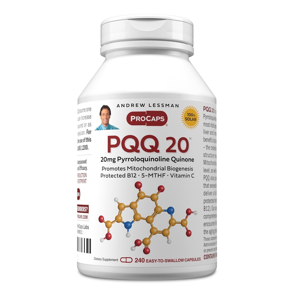 ANDREW LESSMAN PQQ 20mg - 240 Capsules - 20mg Pyrroloquinoline Quinone, Natural Protective Compound ondersteunt vitale organen, hart, hersenen, lever, immuunsysteem. Mitochondriale biogenese, Geen additieven