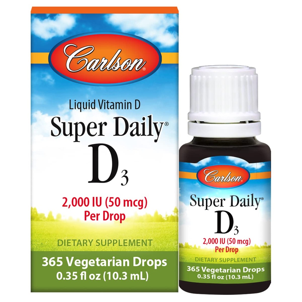Carlson - Super Daily D3, Vitamine D druppels, 2.000 IE per druppel, 1-jaar supply, Vitamine D3 Liquid, Heart & Immune Health, Vegetarische, vloeibare vitamine D druppels, Unflavored, 365 druppels