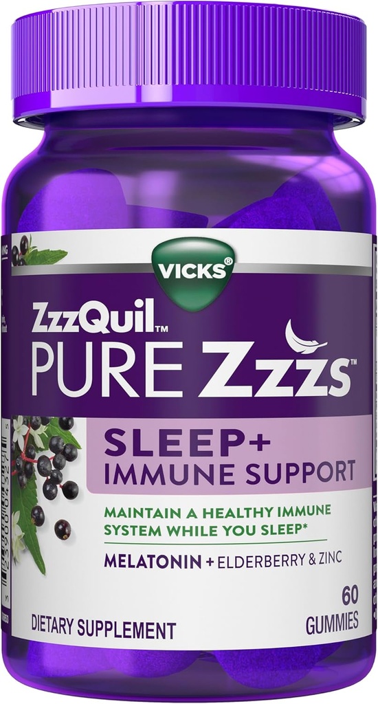 ZzzQuil Pure Zzzs Slaap + Immune Ondersteuning Melatonine Slaaphulp Gummies met Vlierbes, Zink, Kamille, Lavendel, & Valeriaan Root, 1mg per Gummy, 60 ct