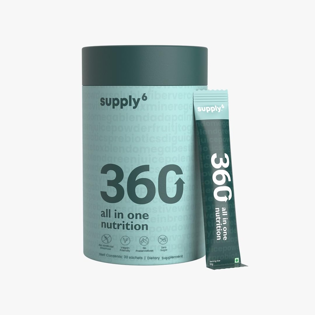 SUPPLY6 360 Greens Poudre avec 80+ Superfoods, Herbes ayurvédiques, Vitamines, Minéraux, Probiotiques et Botaniques.