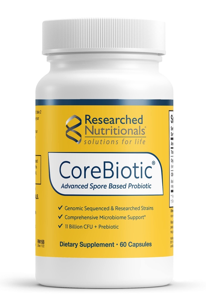 Recherches nutritionnelles Gut suppléments de santé avec prébiotiques et probiotiques pour les femmes et les hommes - CoreBiotique - 3 souches probiotiques à base de spores + fibre organique prébiotique - plateau-stable (60 capsules)