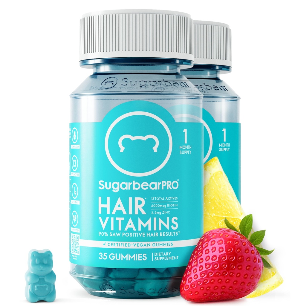 Suikerbeer haar vitamine Gummy 2 maand aanbod Extra sterkte Biotine 6000mcg, groei voor mannen & vrouwen, Vegan Vitamin B12, MSM, Inositol, Omega 3, Vlierbessen, Gecertificeerde Kosjer, Halal, Cruelty-Free