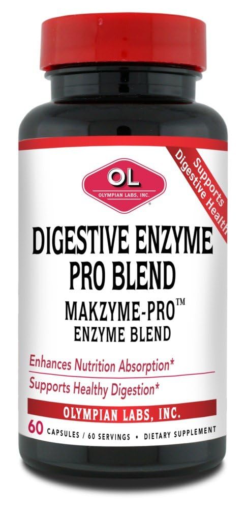 Olympian Labs Digestieve Makzyme-Pro Enzymen, 60 Capsules, Breaks Down Proteïnes, Carbs, Fats, Oil & Milk, 60 Servers