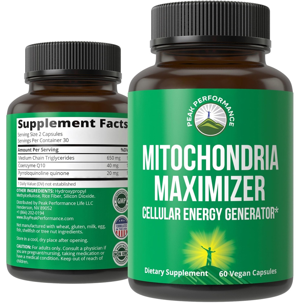 Mitochondria Maximizer avec CoQ10 et PQQ actif. Meilleur supplément de soutien mitochondrial avec l'huile MCT. Générateur cellulaire naturel pour l'énergie propre et ciblée 60 capsules végétariennes