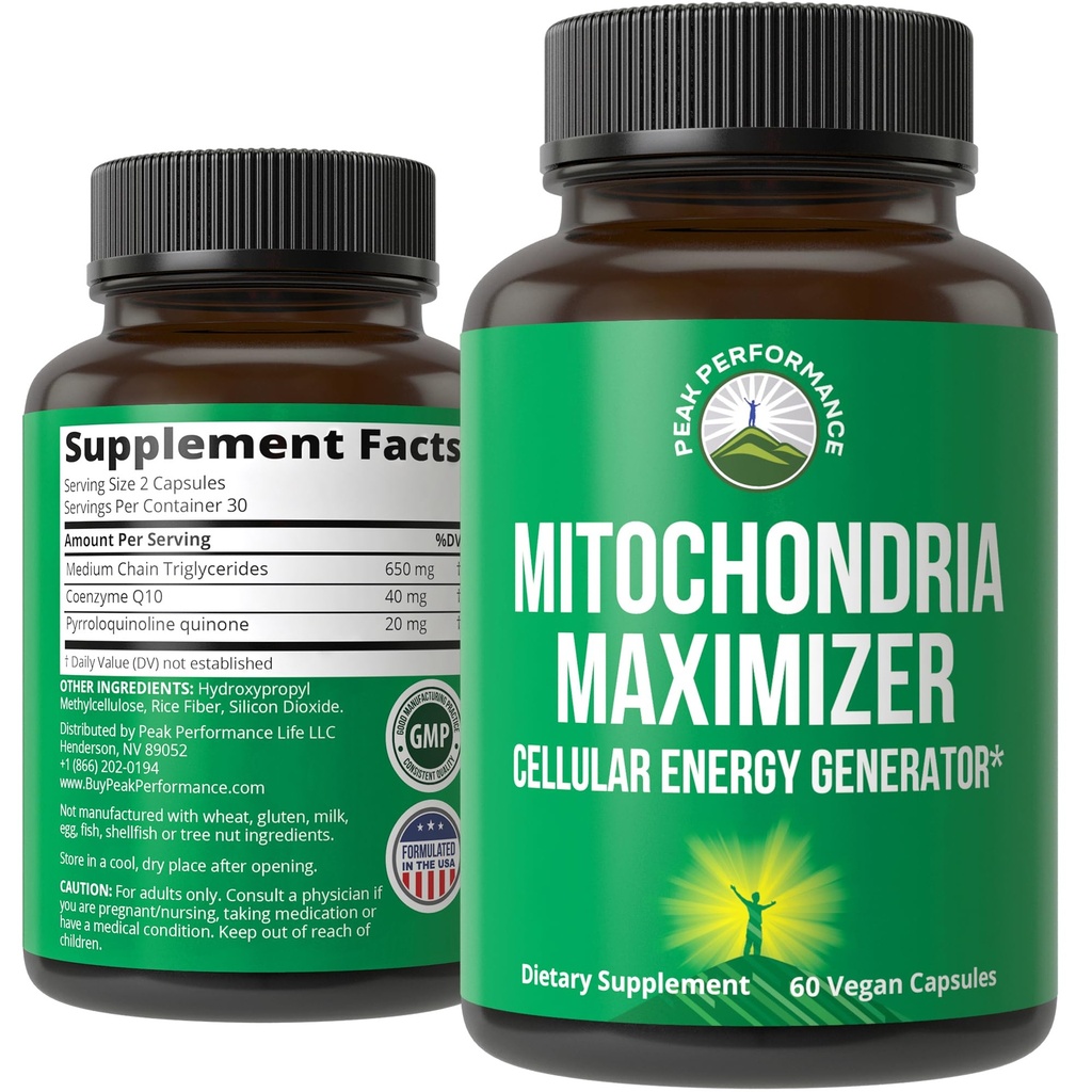 Mitochondria Maximizer met CoQ10 en actieve PQQ. Beste Mitochondriale Ondersteuning Supplement met MCT olie. Natuurlijke Cellular Generator voor schone, gerichte energie 60 Vegetarische Capsules