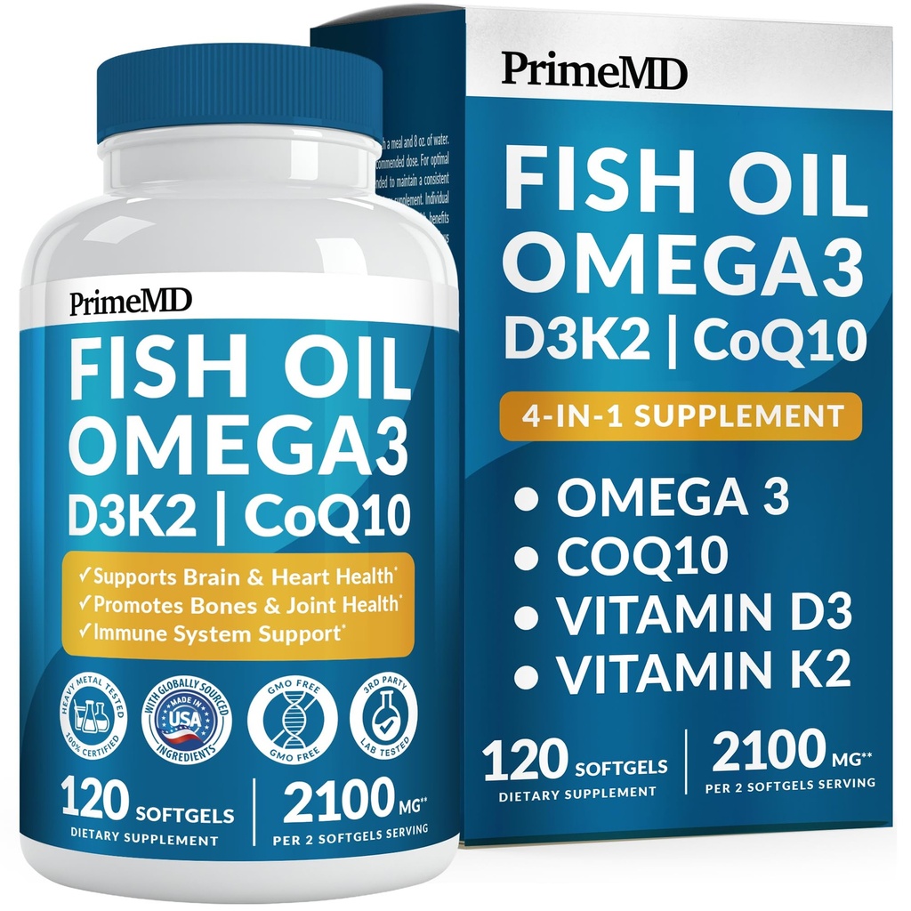 4-in-1 Visolie Omega 3 Vetsupplementen (2100mg) - Omega 3 Visolie met vitamine D3 K2 en CoQ10 - Citroensmaak (120 softgels)