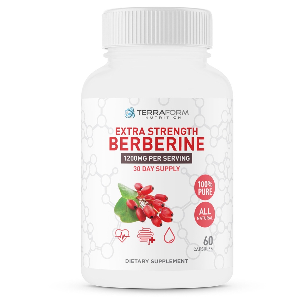 Supplément berbère - 1200mg Max Strength Berberine HCl par portion - Berbère pure - 60 capsules, 600mg chaque - 1 mois d'approvisionnement - TerraForm Nutrition