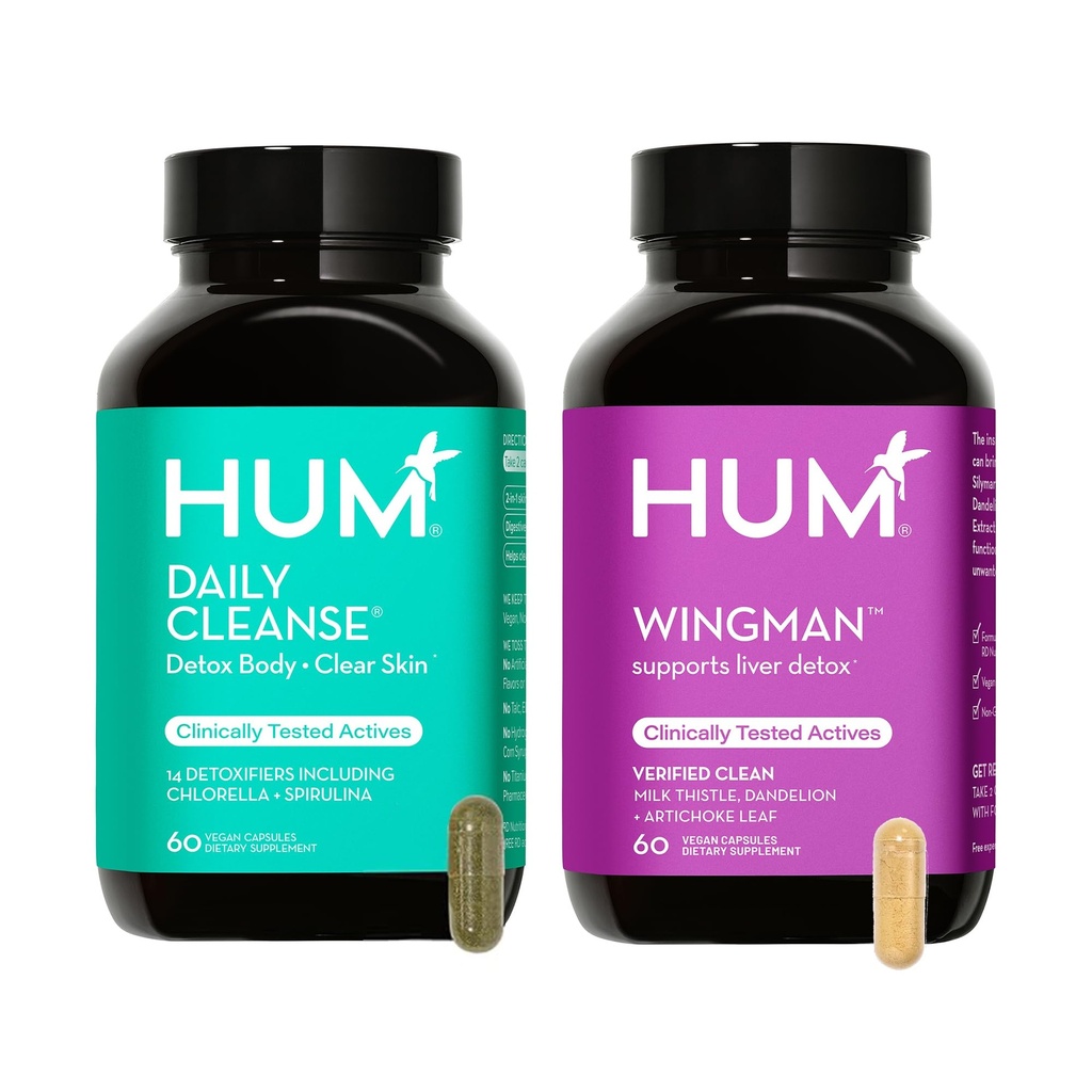 HUM Supplément complet de la peau et du foie de la nutrition, Wingman et Daily Cleanse A Green Detox & Lait Thistle pour le soutien des soins de la peau et la santé du foie, 2 Pack Bundle, 60 Capsules Vegan