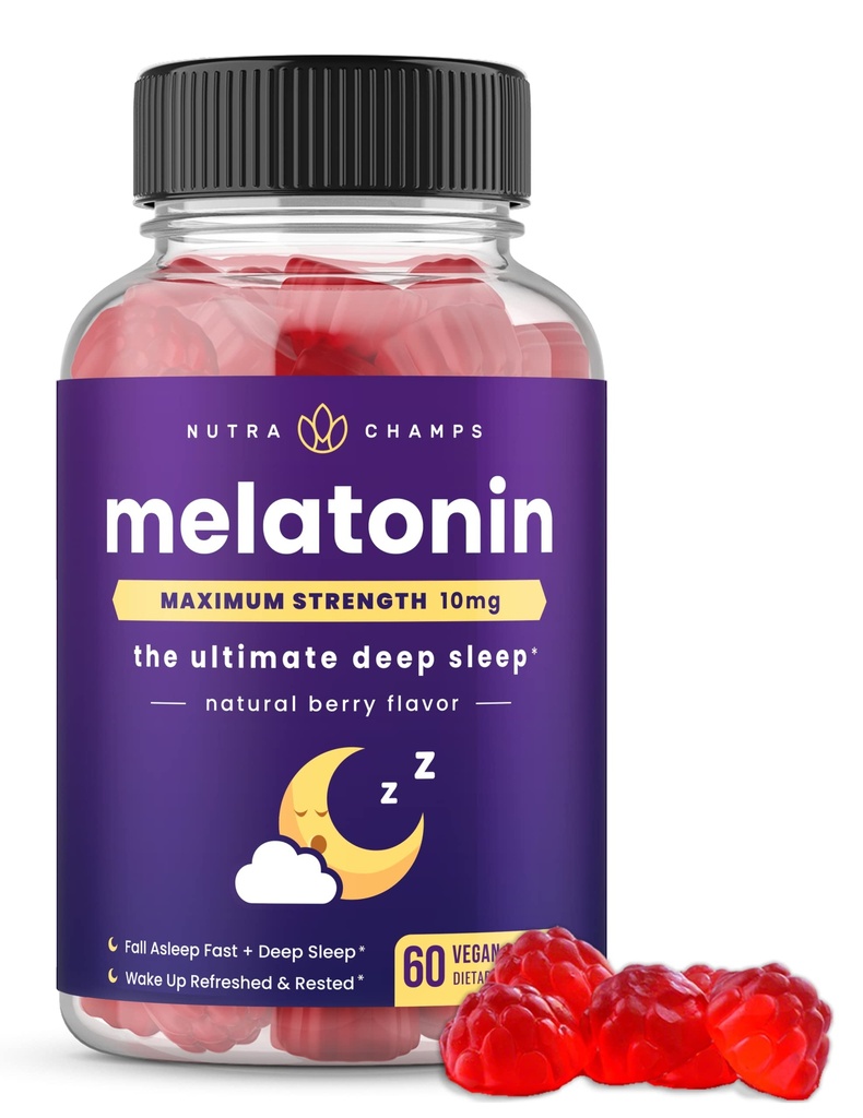 NutraChamps Melatonine Gummies voor volwassenen, Extra sterkte slaaphulp Vitaminen, 5mg of 10mg dosis, Vegan natuurlijke aardbeien smaaksupplement voor betere slaap, gezonde slaapcycli, 60 Gummies