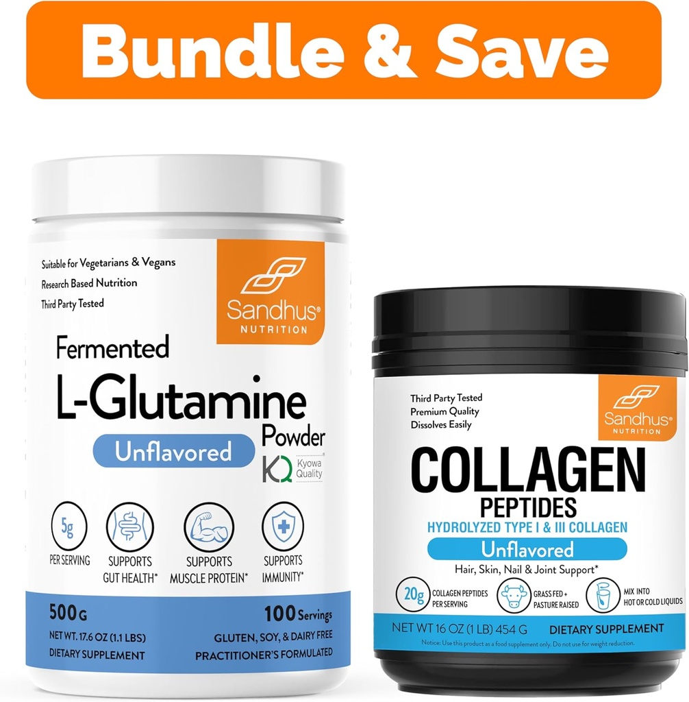 Sandhu's L-Glutamine Poeder 100 Servers, 500g, 17,6 Oz., Grote Maat, 3 Maanden Levering & Collageen Peptides Poeder Ondersteunt Spier, Gut Health, Jeugdige Huid, Haar, Nagels & Mobiliteit