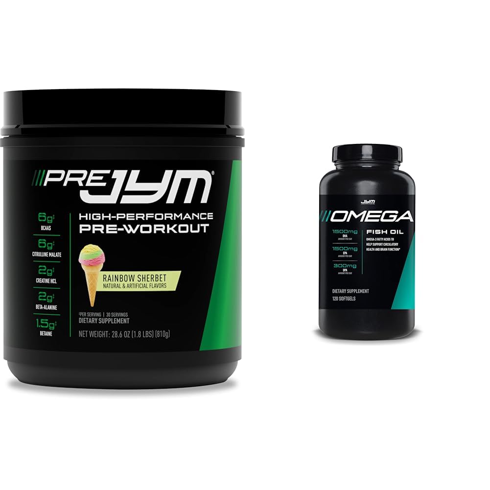 JYM Supplement Science Pre Jym Rainbow Sherbet 30 Servers & Omega JYM Fish Oil 2800mg 120 Softgels