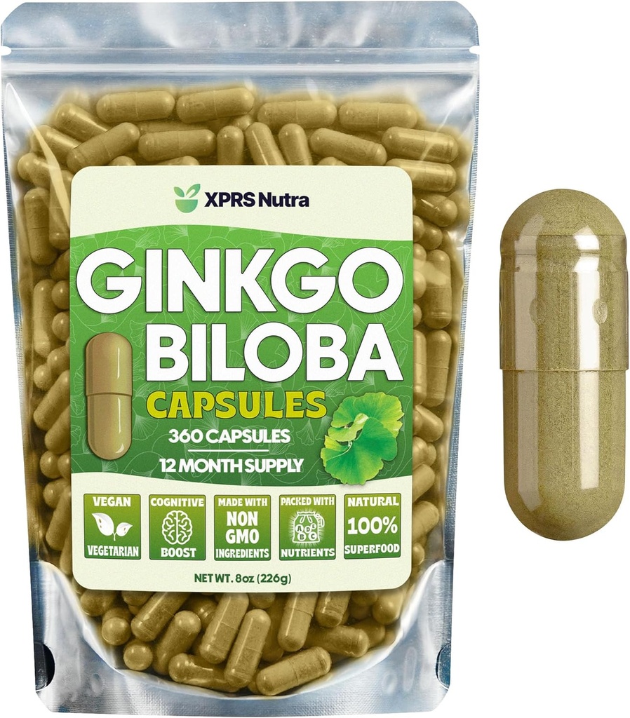 XPRS Nutra Ginkgo Biloba Capsules - Gingko Biloba Encapsulated Supplements for Cognition - Vegan Friendly Ginkoba Biloba - Immunity Boosting Ginkgo Biloba Capsules - 360 Tel.
