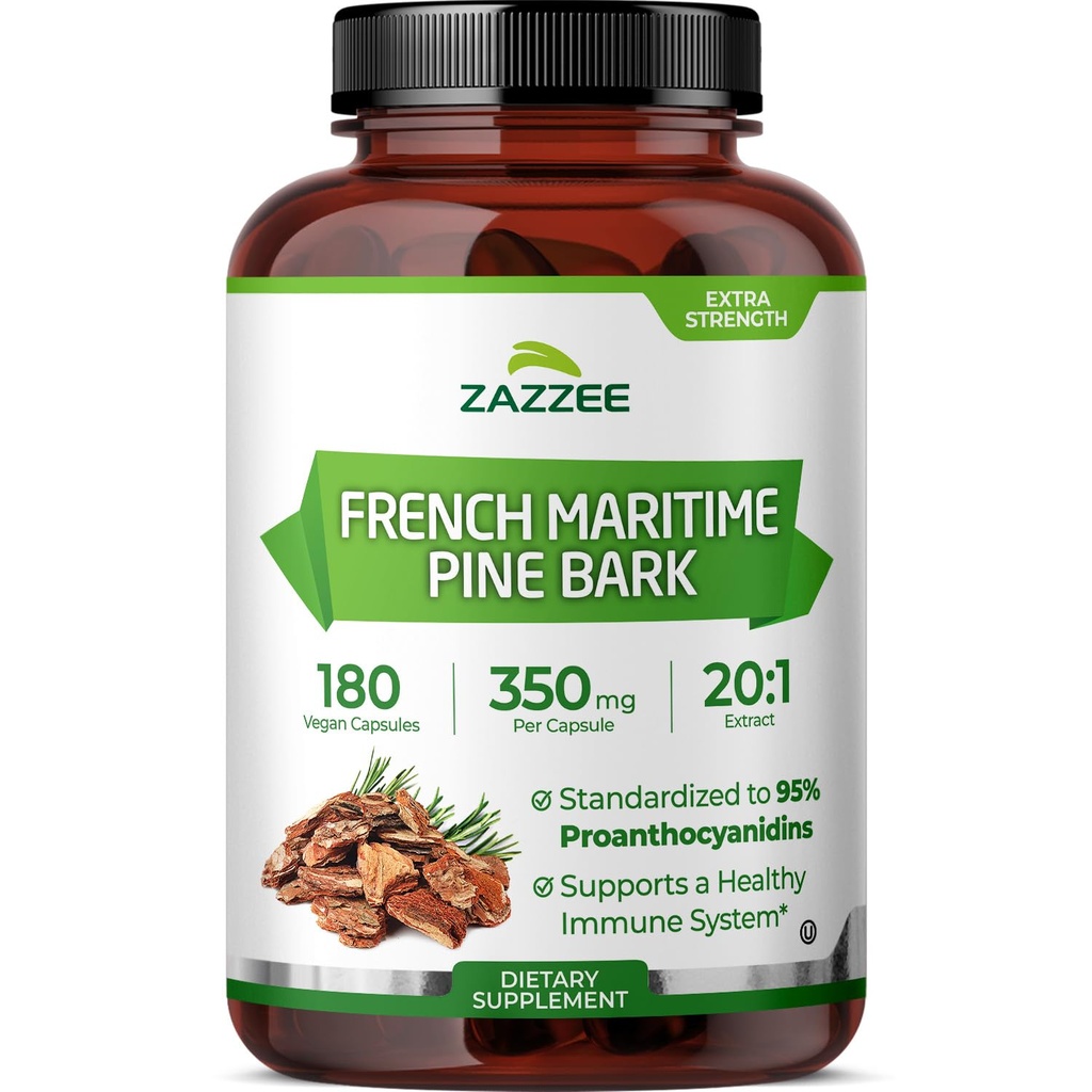 Zazzee Extra sterkte Franse maritieme pijnboomschors 20:1 Extract, 350 mg per capsule, 180 Vegan Capsules, 95% Proanthocyanidines, Kosher, 6 maand supply, genormaliseerd 20X Extract, niet-GMO, Made in The USA