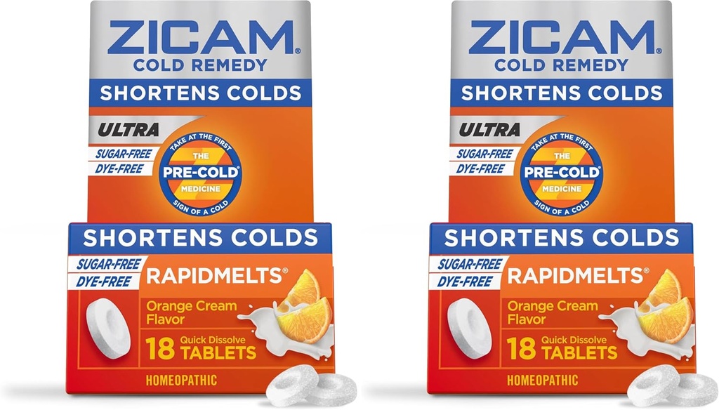 Zicam Ultra Cold Remedy Zink Rapidmelts, Sinaasappelcrème smaak, Homeopathische, Koude Verkorting Geneeskunde, Kortsluit Koude Duur, Suikervrij, Dye-Free, 18 Tellen (pakket van 2)