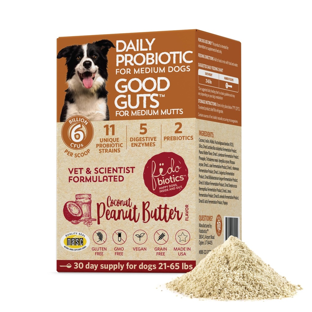 Fidobiotiques Bonnes guttes pour les mutants moyens Probiotiques pour chiens, 6 milliards d'UFC, 11 souches, 5 enzymes digestives, 2 prébiotiques, la santé des guets digestifs pour chiens, suppléments pour adultes et chiots probiotiques (30 jours)