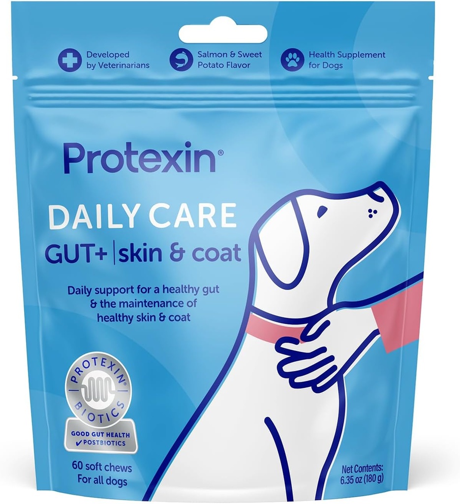 Protexin Soins quotidiens Gut+ Skin & Coat (en anglais seulement) 60 Chien Chews, Salmon and Sweet Potato Flavor Dog Supplement (en anglais seulement) Probiotiques pour chiens, chiens postbiotiques