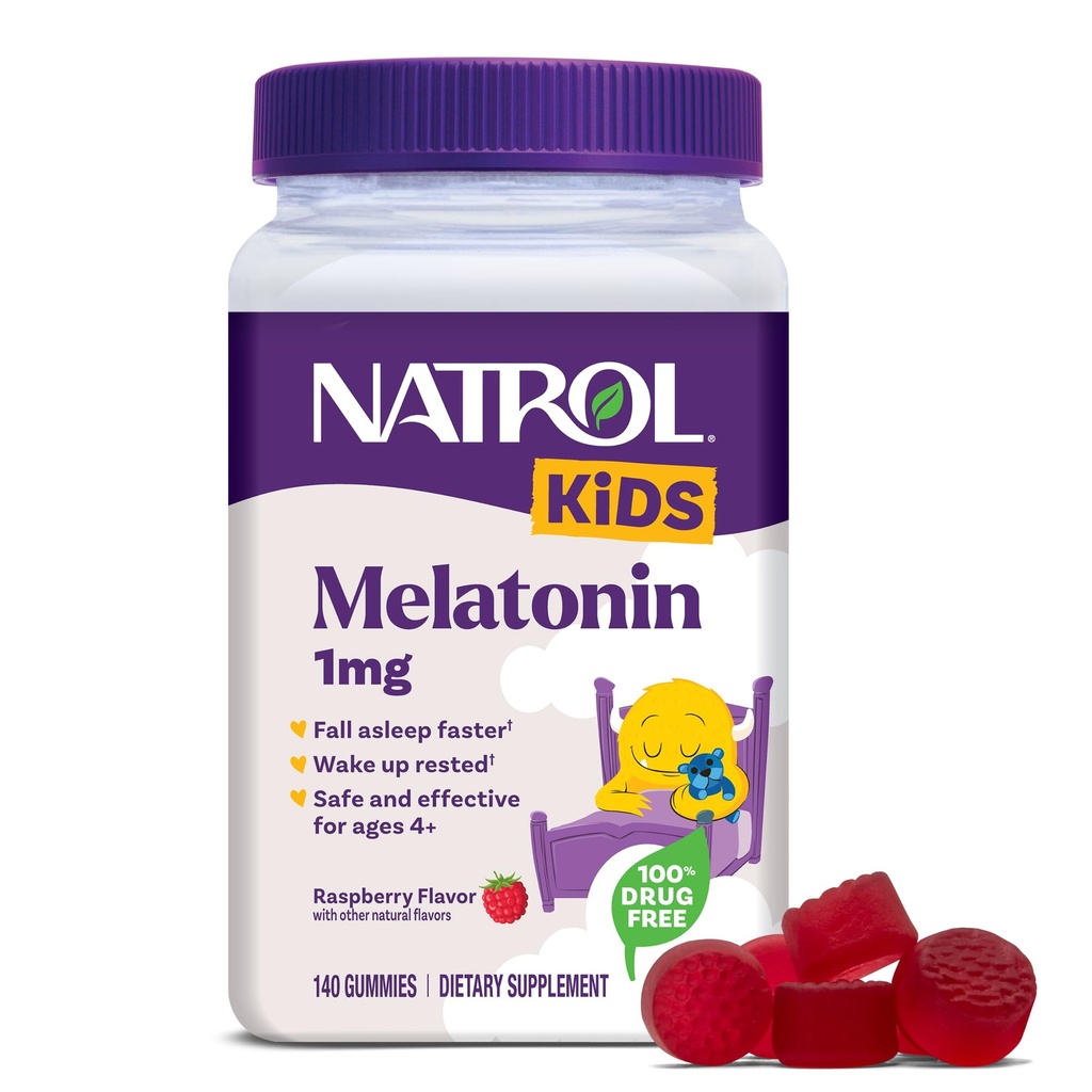 Natrol Enfants Mélatonine Gommies 1mg, Mélatonine pour les enfants pour le sommeil reposant, 140 Gommies de sommeil aromatisées aux framboises, 140 jours d'approvisionnement
