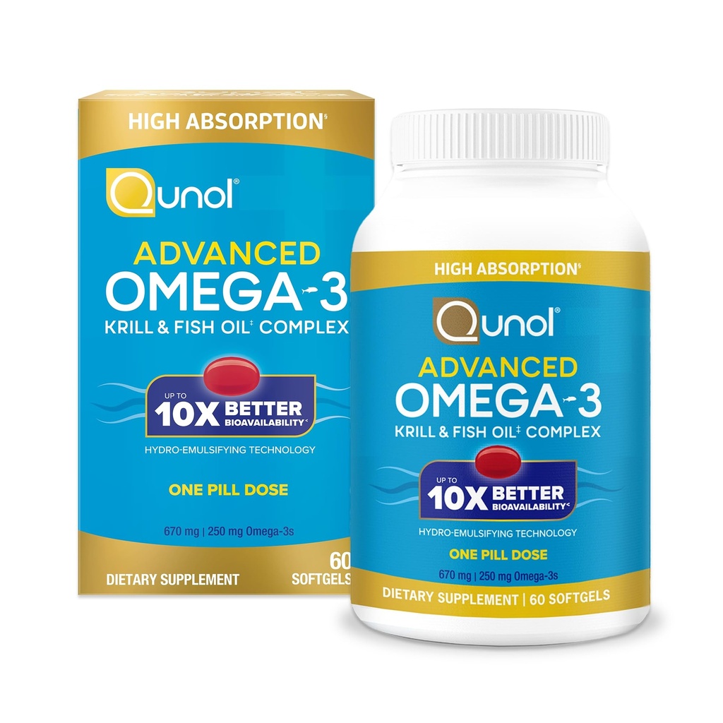 Qunol Advanced Omega 3 Krill and Fish Oil Complex, 10x Better Biobeschikbaarheid, One Pill Dose, 250mg EPA & DHA, Ondersteunt hersenen, oog, hart en Joint Health, 60 Tellen (Pack of 1)