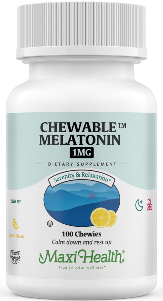 Maxi Health Kauwbare Melatonine, Kosher citroensmaak, Melatonine voor volwassenen en kinderen, Natuurlijke Hulp voor volwassenen en kinderen, Melatonine Kauwtabletten Alternatief voor Melatonine Gummies Kids dosis, (100 telling)