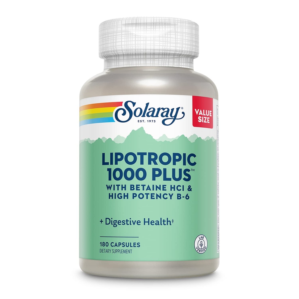 SOLARAY Lipotropic 1000 Plus avec Betain HCl & High Potency B-6, Digestion saine, énergie et soutien au métabolisme des graisses, Complexe lipotropique Plus Aloe Vera, garantie de 60 jours, 30 portions, 180 capsules