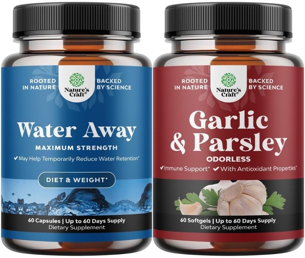 Bundle of Water Away Fluid Retention with Dandelion Leaf Extract & Green Tea for Bloating Relief and Concentrated Odorless Garlic Softgels - Peterselie Extract & Aged Garlic Supplements for Gut Support