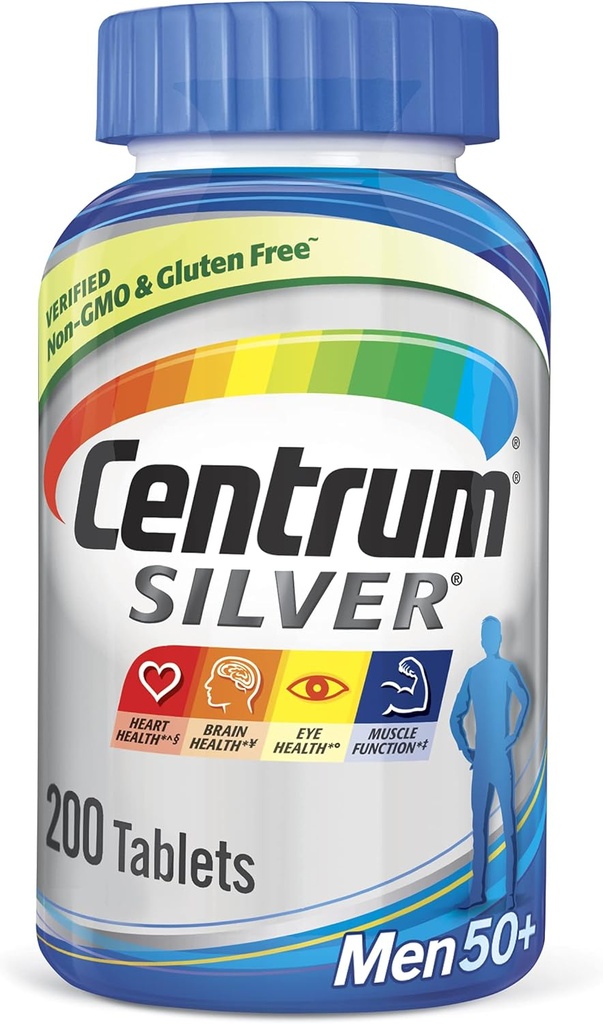 Centrum Silver Multivitamine voor mannen 50 Plus, Multivitamine/Multimineral Supplement met Vitamine D3, B Vitaminen en Zink, Glutenvrij, Non-GMO Ingrediënten - 200 Tel.