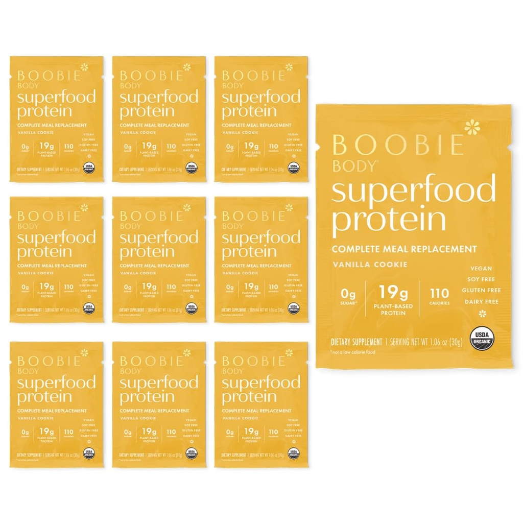 Boobie Body Superfood Protein Shake pour les mamans, la grossesse et l'allaitement Soutien Protéine poudre pour augmenter l'approvisionnement en lait, probiotiques, biologique, sans lait, sans gluten végétalien Vanilla Cookie Single Srv 10pk