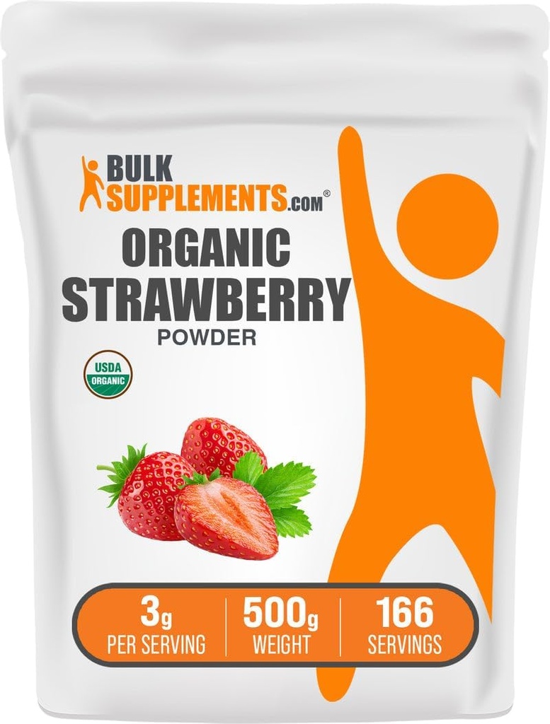 BulkSupplements.com Biologische aardbeienpoeder - Fruitpoeder van biologische Aardbeien - Geen suiker toegevoegd & glutenvrij, 3g per portie, 500g (1.1 lbs) (verpakking van 1)