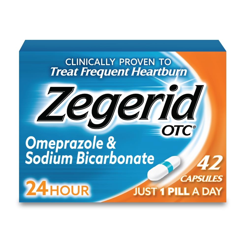 Zegerid OTC, Soulagement des brûlures d'estomac 24 heures sur 24, Médecine du reflux acide et antiacide, traite les brûlures d'estomac fréquentes, Omeprazole 20mg + Bicarbonate de sodium, Inhibiteur de pompe à protons (IPP), 42 Capsules