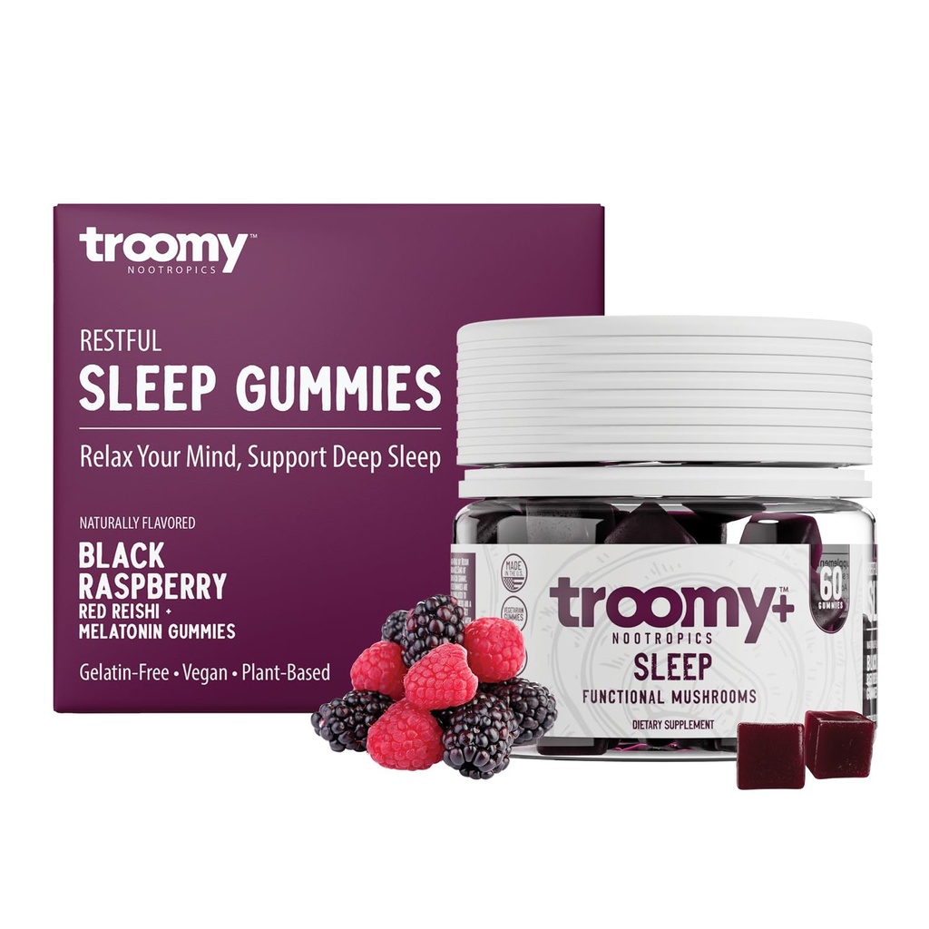 Troomy Sleep Reishi + Melatonine Grote Proeverij Mushroom Gummies - Ondersteunt rustgevende slaap & vermindering van stress - Zwarte Raspberry - 60 Tellen