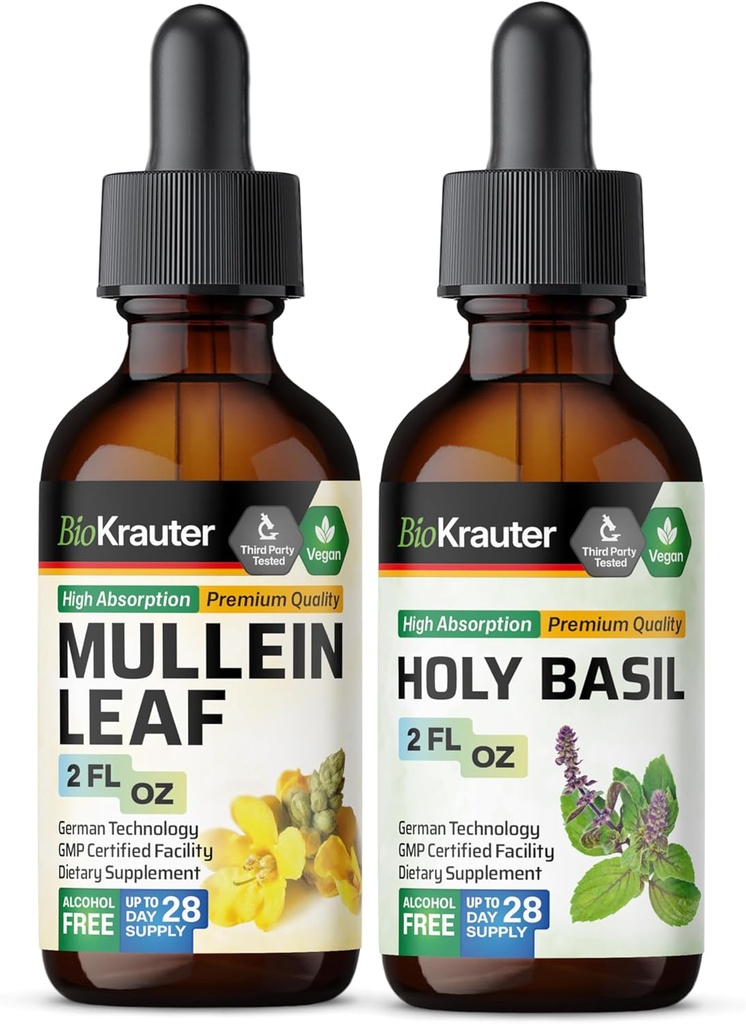 BIO KRAUTER Mullein Tinctuur 2 Fl. Oz. & Holy Basil Tinctuur 2 Fl. Oz.