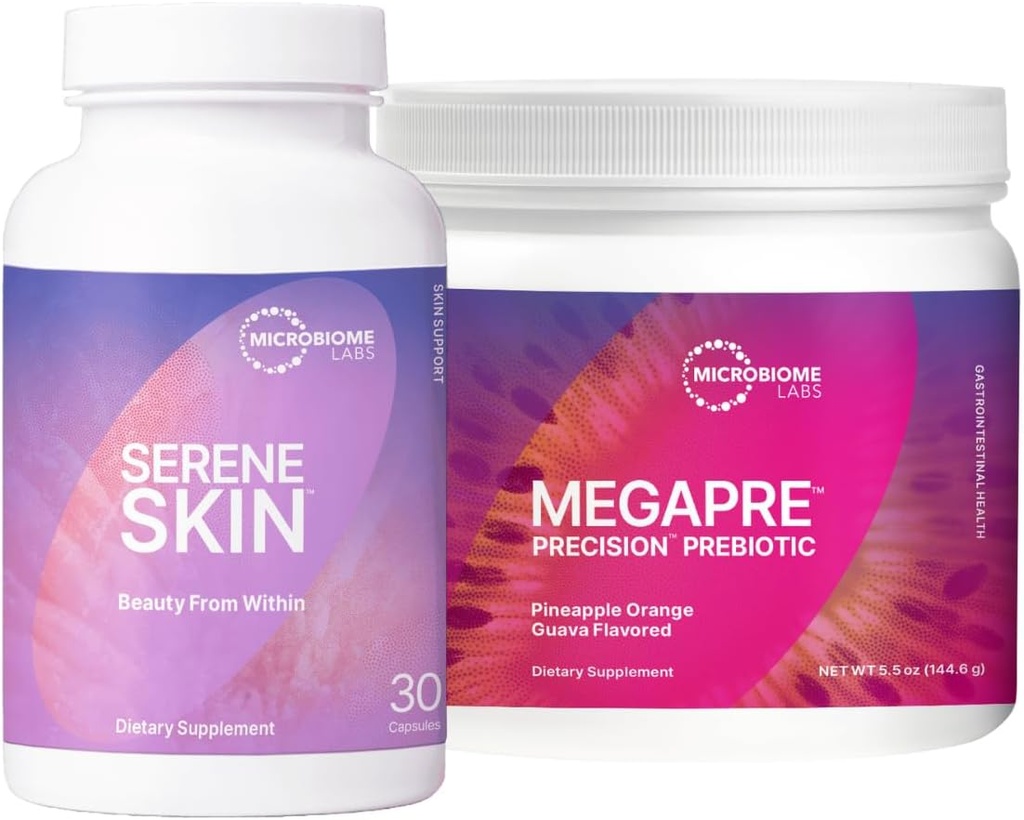 Microbiome Labs Skin Support Bundle - SereneSkin Clear Skin Probiotic Supplement getoond om Fine Lines (30 capsules) te helpen verminderen - MegaPre Prebiotic Powder for Gut Health (2.1oz)